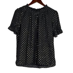 J. Crew Metallic Polka Dot Flowy Short Sleeve Baby Doll Blouse XS Black Gold